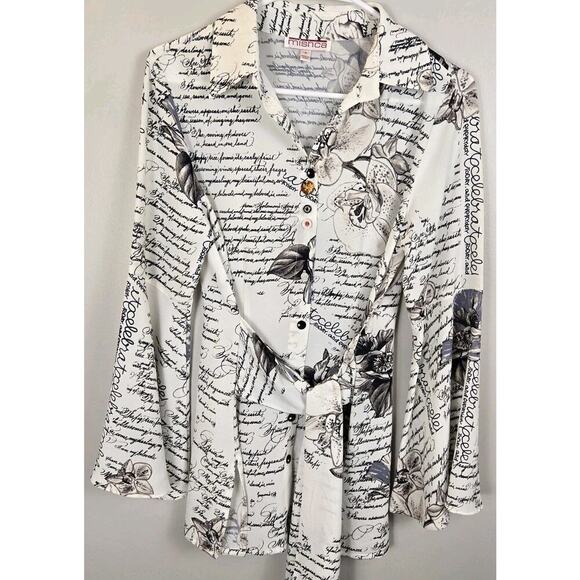 MISHCA French Garden Poplin Blouse Flare Sleeve Tie Front SMALL Boho Peasant - Picture 1 of 14